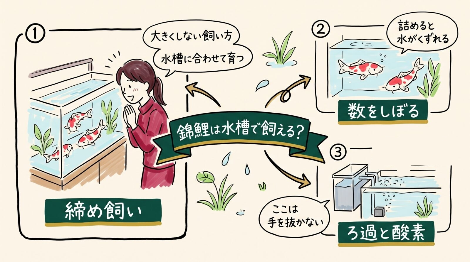 錦鯉は水槽で飼えるかのグラレコ（グラフィックレコーディング）。締め飼いは大きくしない飼い方で、水槽に合わせて育つ。数をしぼる。詰めると水がくずれる。ろ過と酸素は手を抜かない