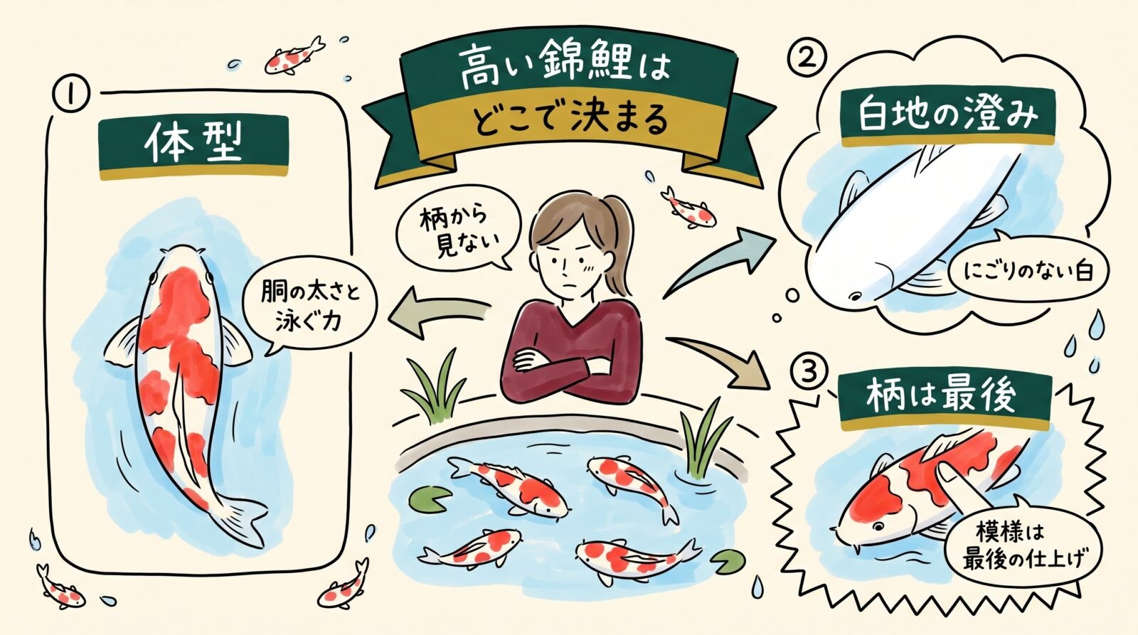 高い錦鯉はどこで決まるかのグラレコ(グラフィックレコーディング)。柄から見ない。いちばん見るのは体型(胴の太さと泳ぐ力)、次に白地の澄み、柄は最後の仕上げ
