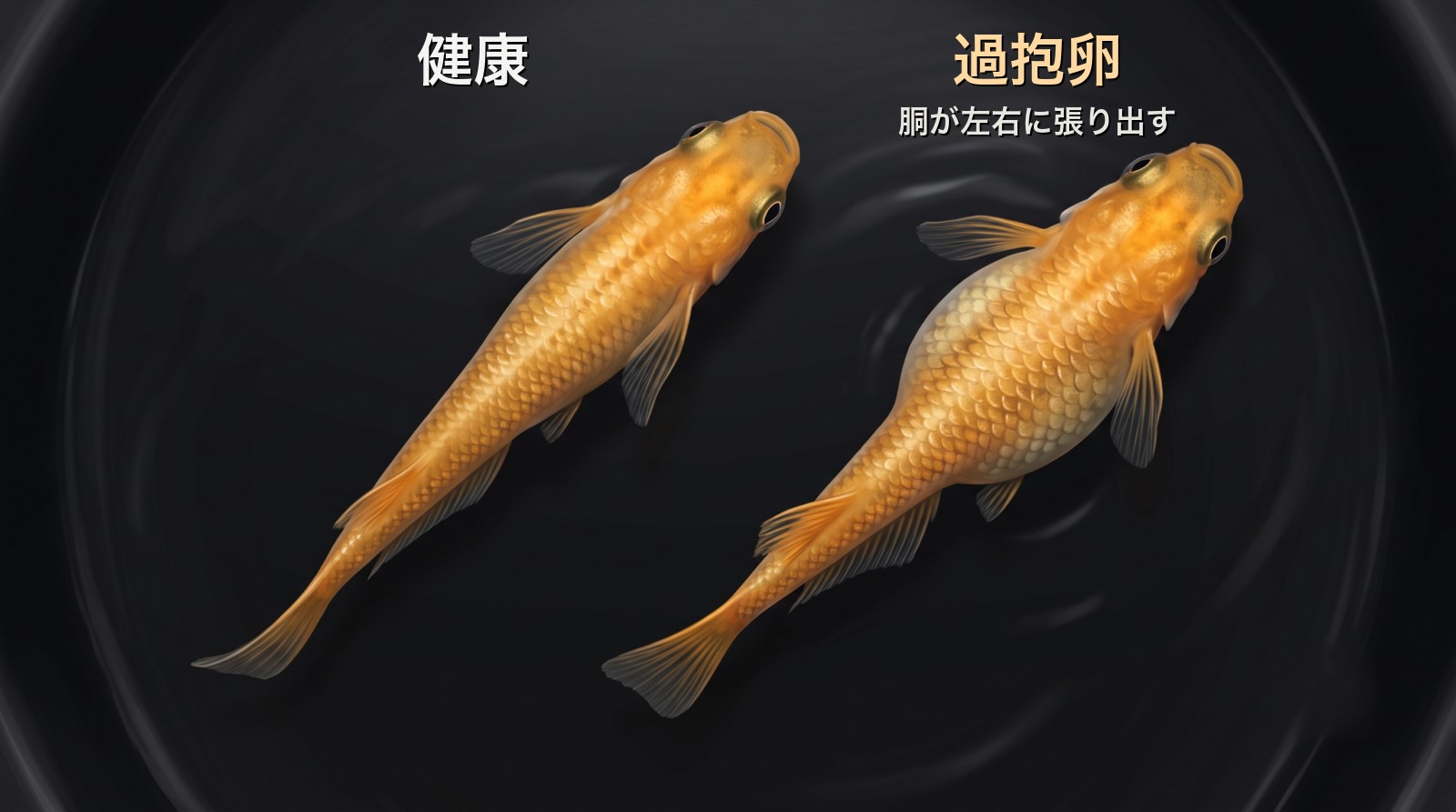 上から見たメダカ2匹の比較イラスト。左は健康で胴の輪郭がまっすぐ、右は過抱卵でエラの後ろから胴が左右に大きく張り出している