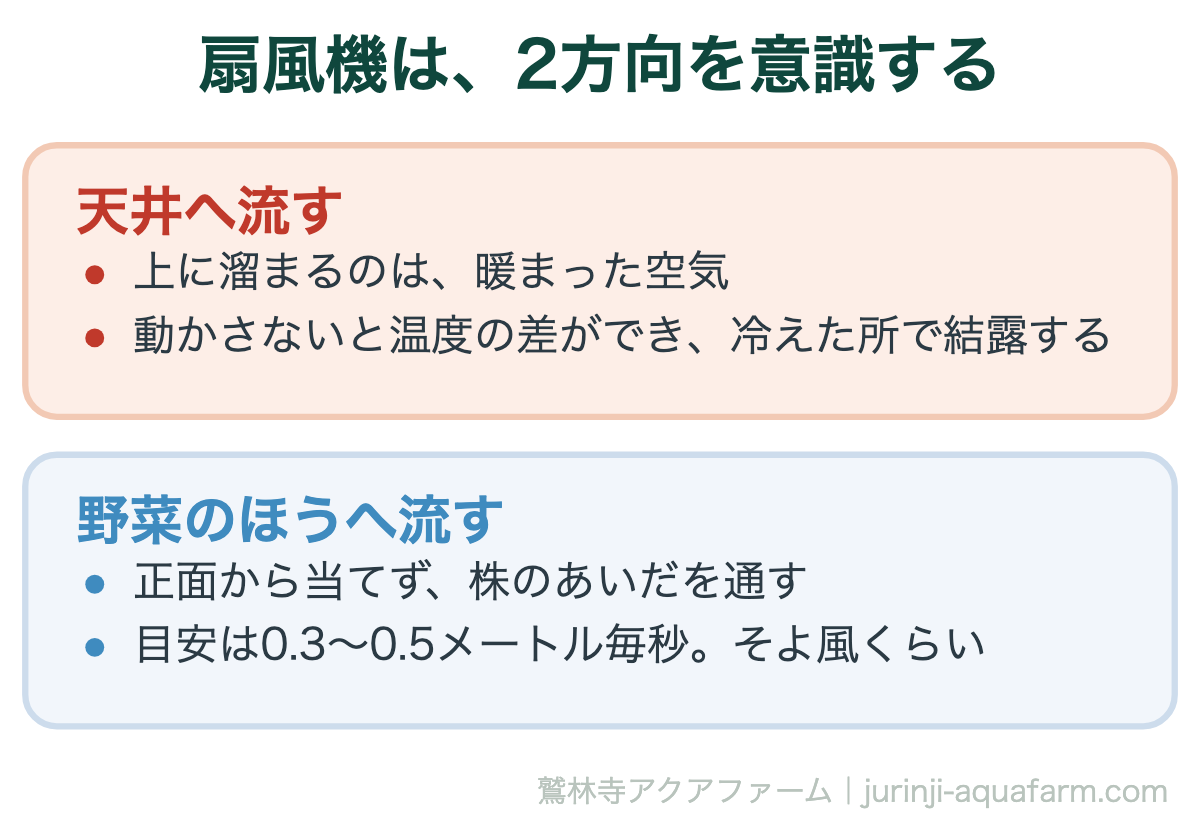 アクアポニックスの梅雨の扇風機。天井へ向けるのと、野菜のほうへ流れが行くようにするのと2方向