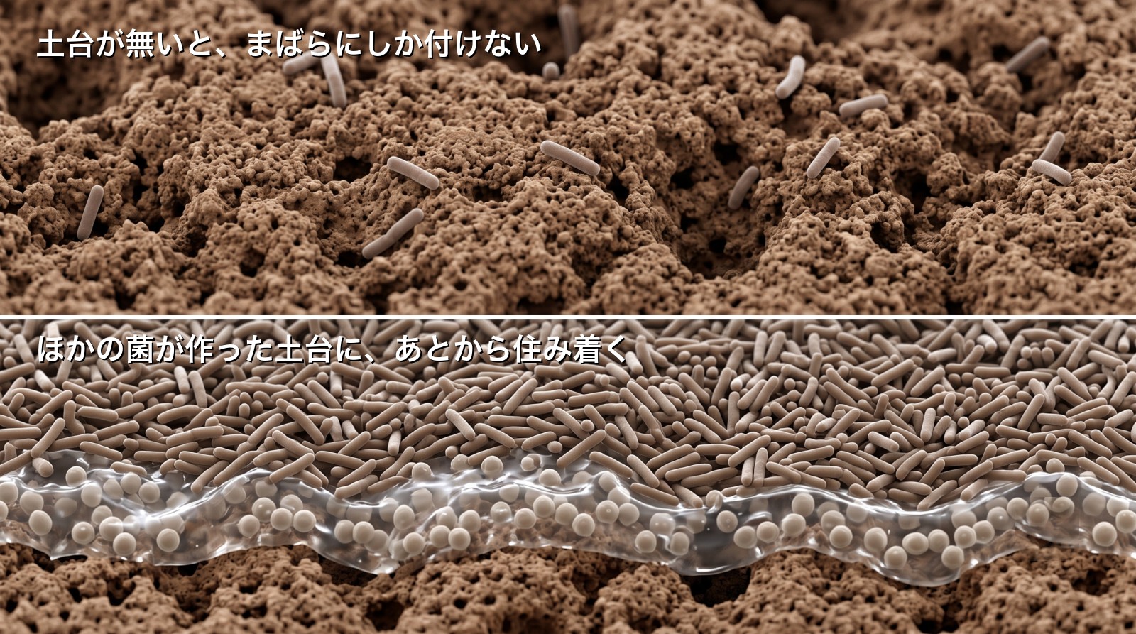ろ材の表面を拡大したイラスト。上は土台が無くて細菌がまばら、下はぬめりの土台の上に硝化菌がびっしり住み着いている