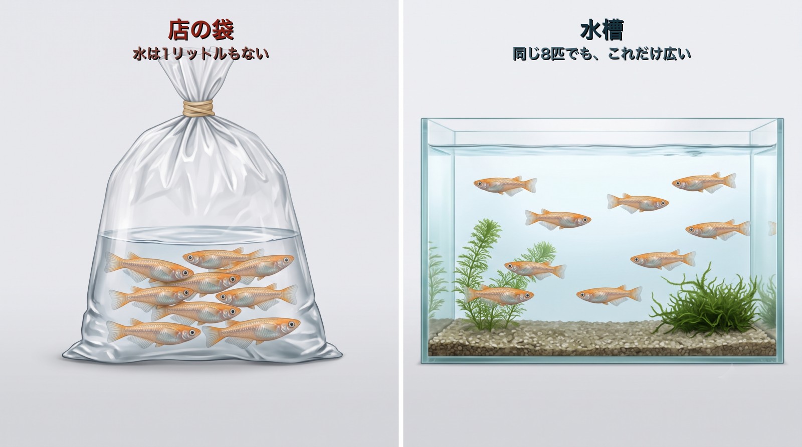 店のビニール袋と水槽の比較イラスト。同じ8匹でも、袋は水が1リットルもなく密集し、水槽ではゆったり泳いでいる