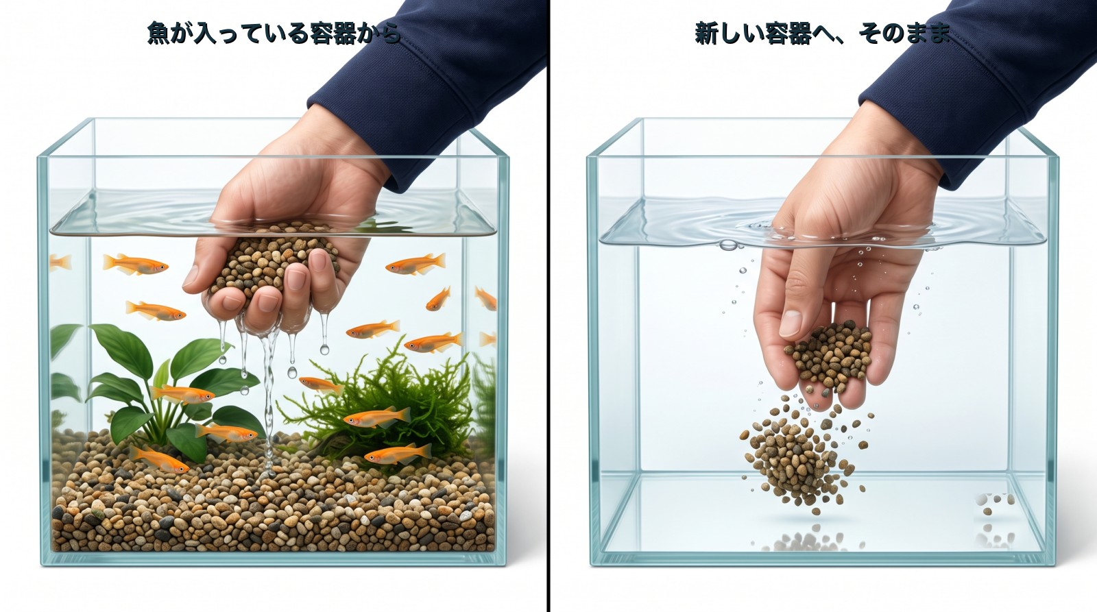 魚が入っている水槽から底の砂利をひとつかみすくい、新しい水槽へ移しているイラスト