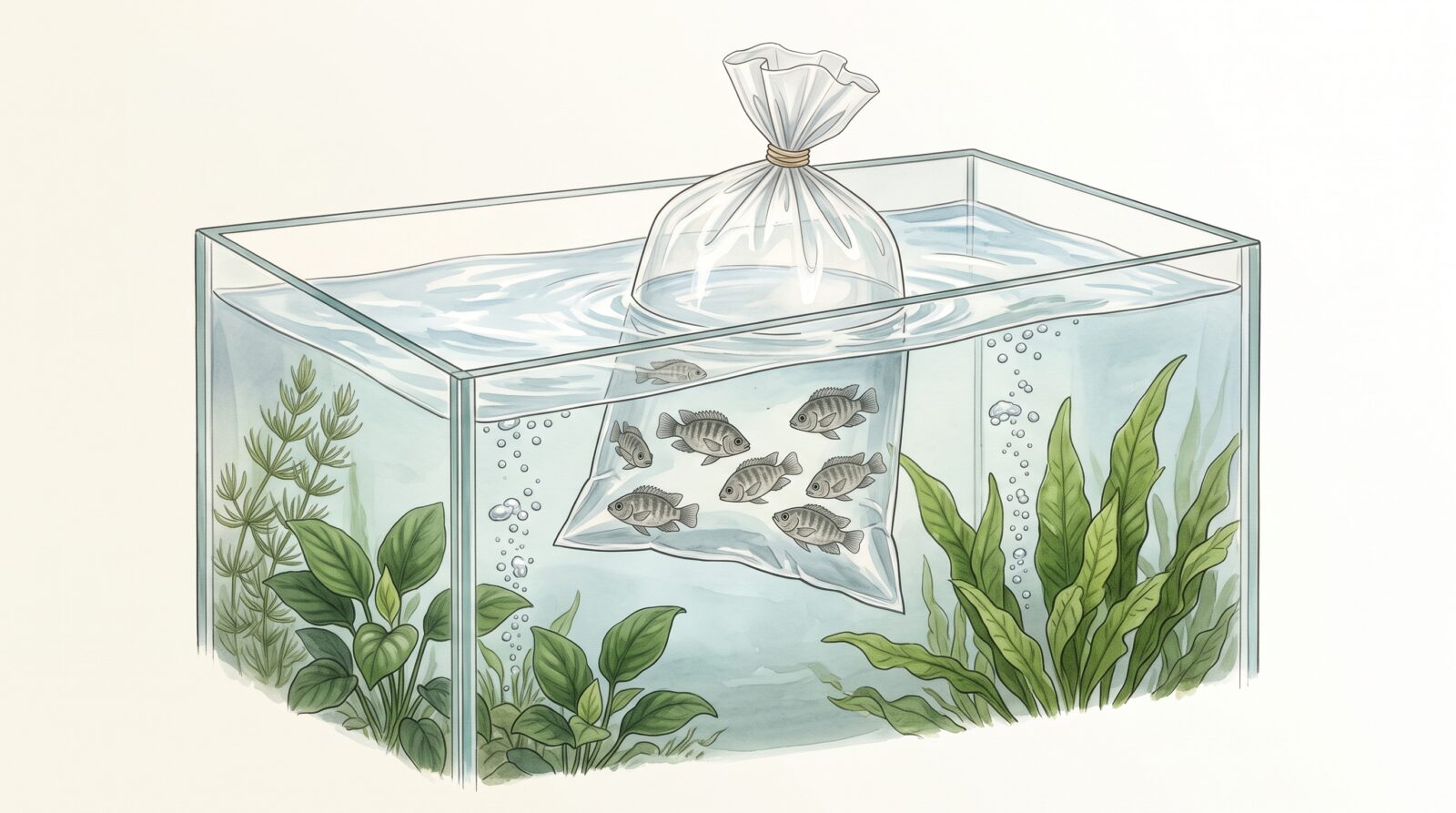 通販で届いたティラピアの水合わせの図解イラスト。稚魚の入ったビニール袋を水槽の水面に浮かべて、水温を合わせている場面