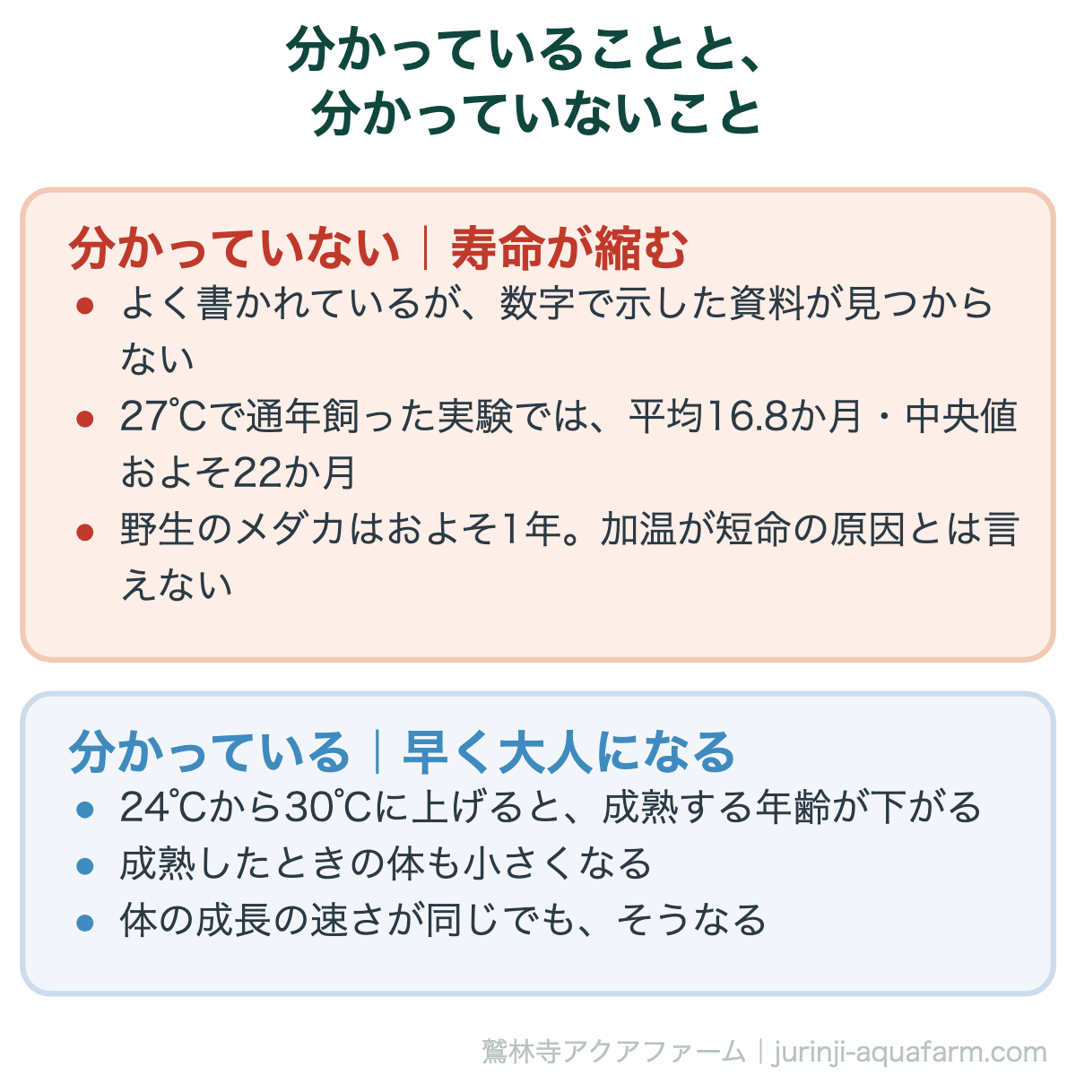 メダカの加温飼育。寿命が縮む根拠は見つからないが、早く成熟することは分かっている
