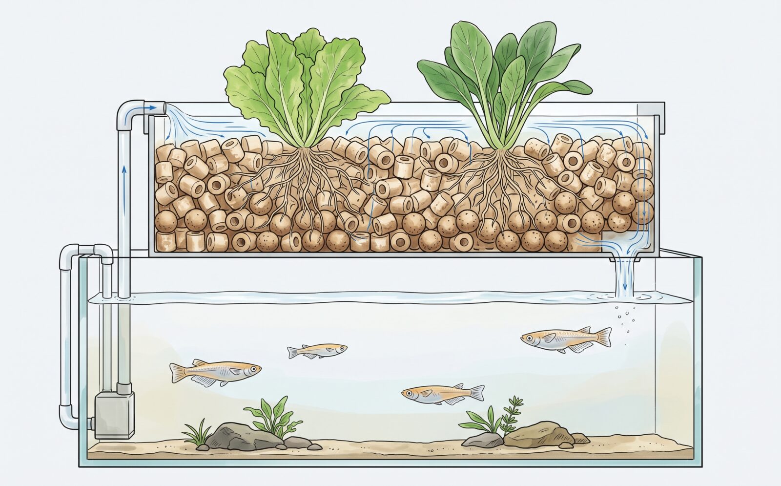 上部フィルターの断面図。リングろ材と球状のろ材に直接、葉物が2株植わっていて、根がろ材のすきまへ伸びている。ポンプで汲み上げた水がろ材のあいだを通って下の水槽へ落ちる。魚がいるのは下の水槽だけ