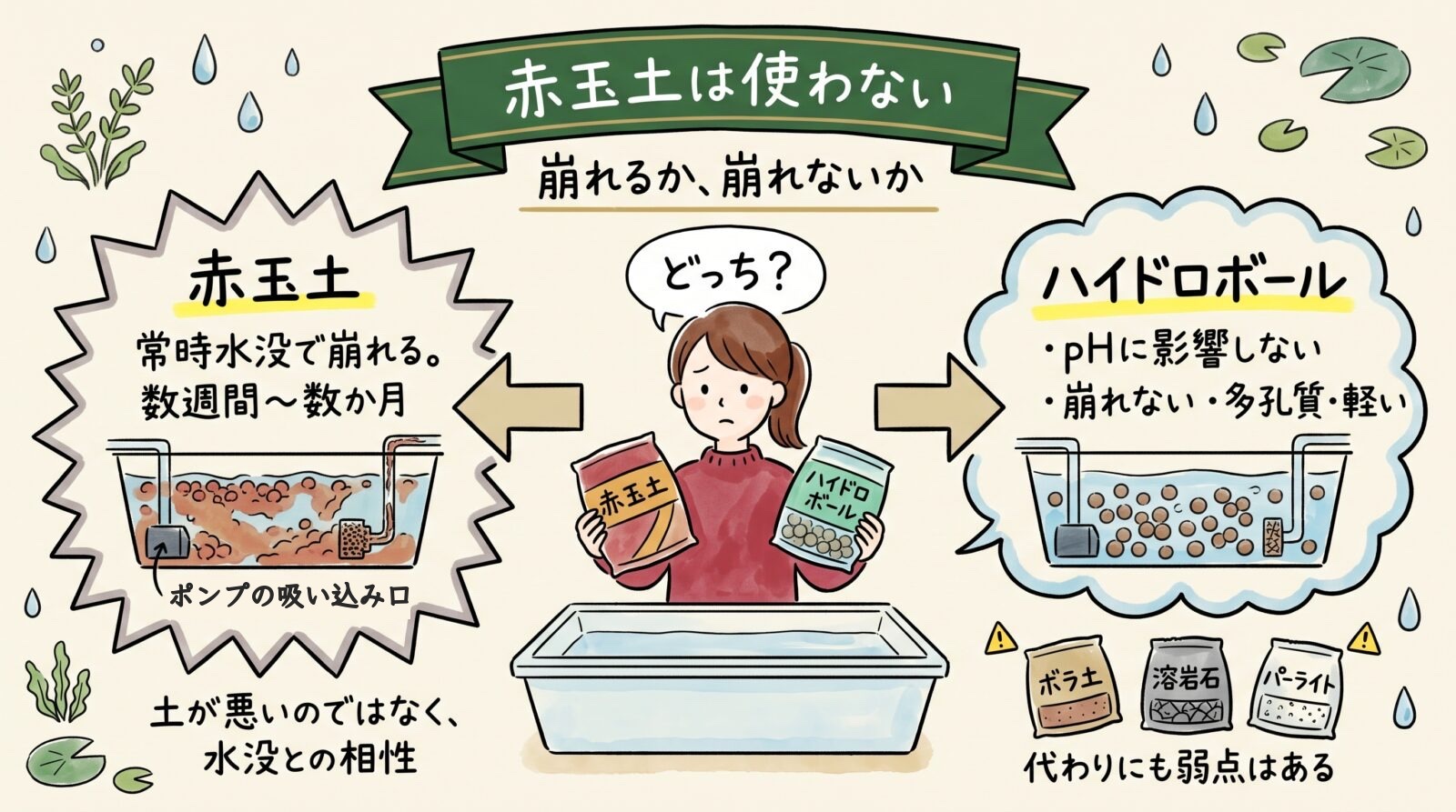 アクアポニックスに赤玉土は使わないグラレコ。赤玉土は常時水没で崩れ、数週間から数か月でポンプの吸い込み口が詰まる。ハイドロボールはpHに影響しない・崩れない・多孔質・軽い。土が悪いのではなく水没との相性。ボラ土・溶岩石・パーライトにも弱点はある