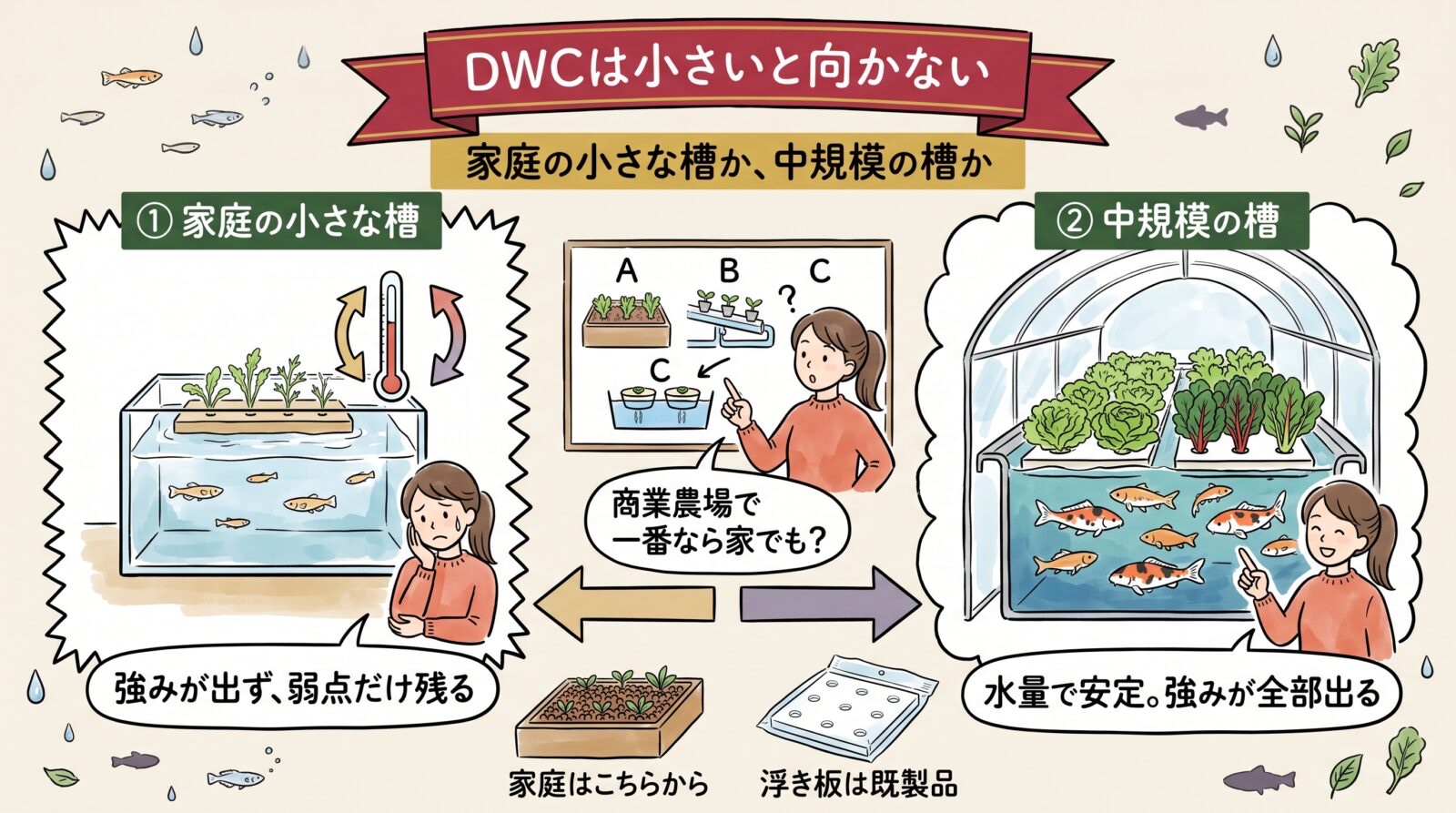 アクアポニックスのDWCは小さいと向かないグラレコ。家庭の小さな槽は強みが出ず弱点だけ残る。中規模の槽は水量で安定して強みが全部出る。家庭はメディアベッドから、浮き板は既製品