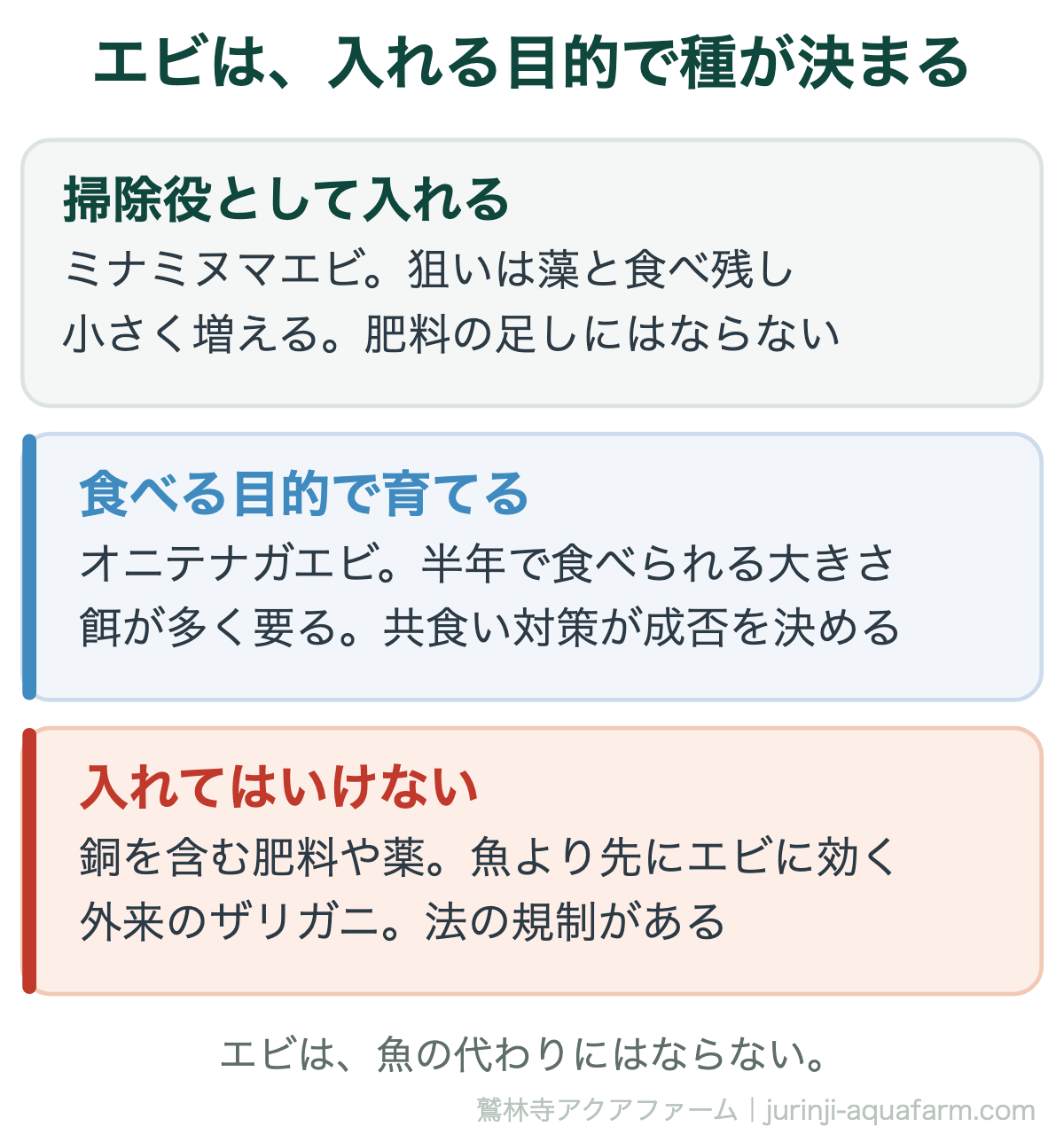 アクアポニックスにエビを入れる目的と選び方。掃除役ならミナミヌマエビで狙いは藻と食べ残し、肥料の足しにはならない。食べる目的ならオニテナガエビで半年で食べられる大きさになるが餌が多く要り共食い対策が成否を決める。銅を含む肥料や薬と外来のザリガニは入れてはいけない