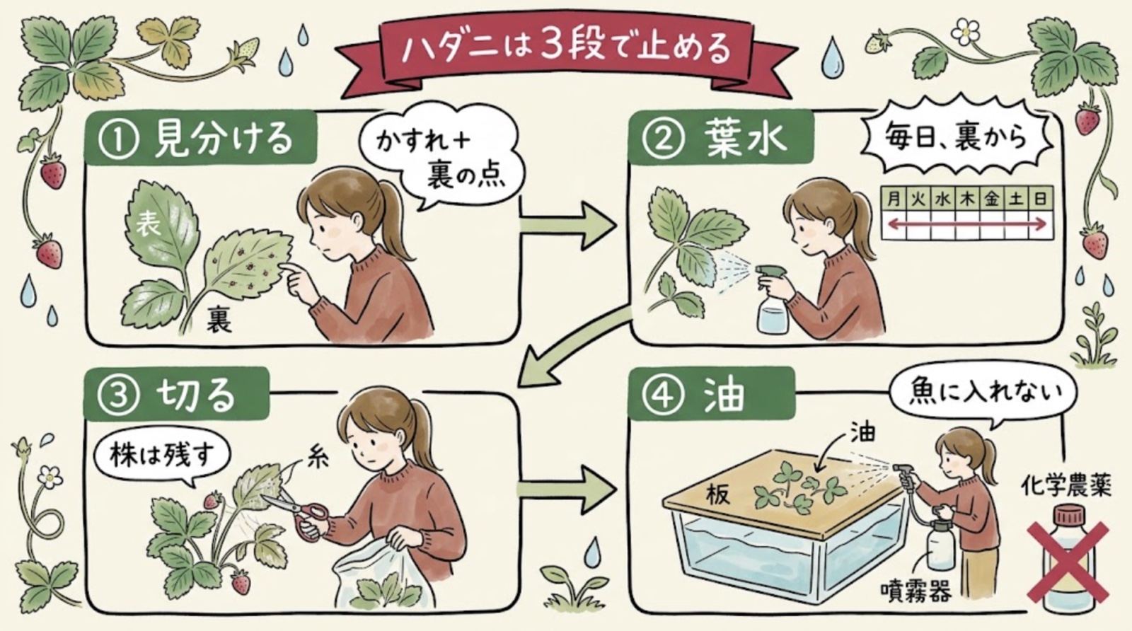 アクアポニックスのハダニを3段で止めるグラレコ。見分ける（かすれ＋裏の点）、葉水（毎日、裏から）、切る（株は残す）、油（水面をふさいで魚に入れない。化学農薬に×）