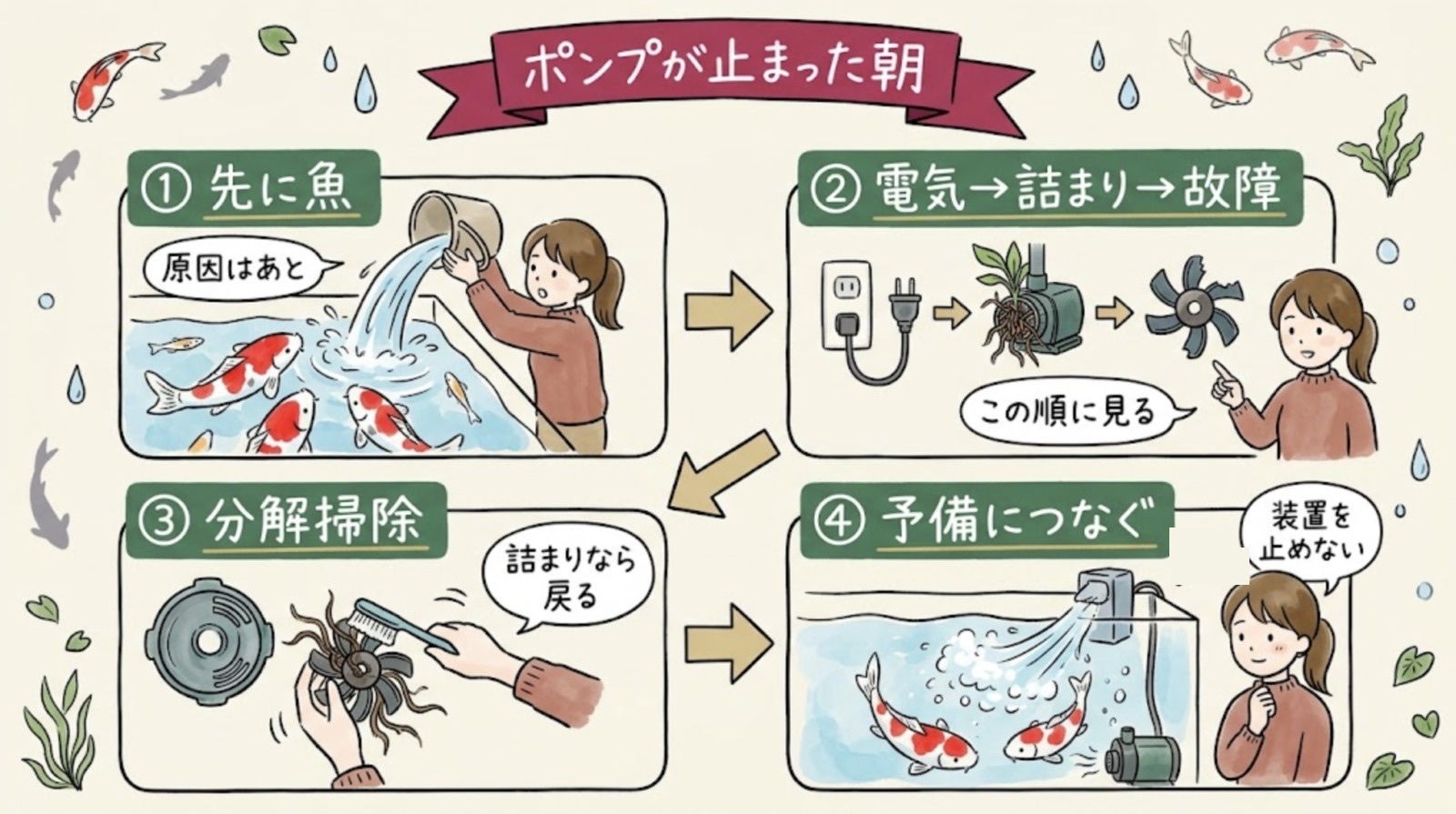 アクアポニックスのポンプが止まった朝のグラレコ。先に魚の水面を動かす、電気→詰まり→故障の順に見る、詰まりなら分解掃除で戻る、掃除のあいだは予備につないで装置を止めない