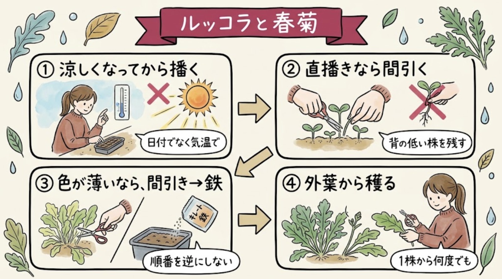 アクアポニックスのルッコラと春菊のグラレコ。涼しくなってから播く(日付でなく気温で)、直播きなら間引く(背の低い株を残す)、色が薄いなら間引き→鉄、外葉から穫る(1株から何度でも)