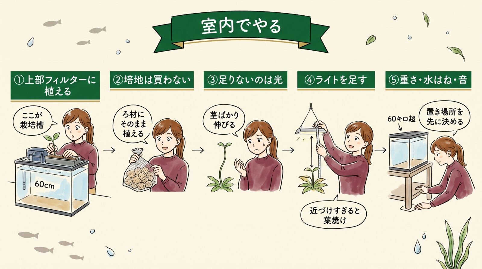 アクアポニックスを室内でやるときの要点をまとめた図。上部フィルターに植える、培地は買わない、足りないのは光、ライトを足す、重さ・水はね・音の5つ
