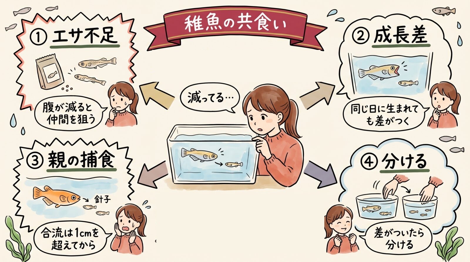 稚魚の共食いのグラレコ。減る原因はエサ不足・成長差・親の捕食の3つ。腹が減ると仲間を狙い、同じ日に生まれても差がつく。親との合流は1cmを超えてから。差がついたら容器を分ける