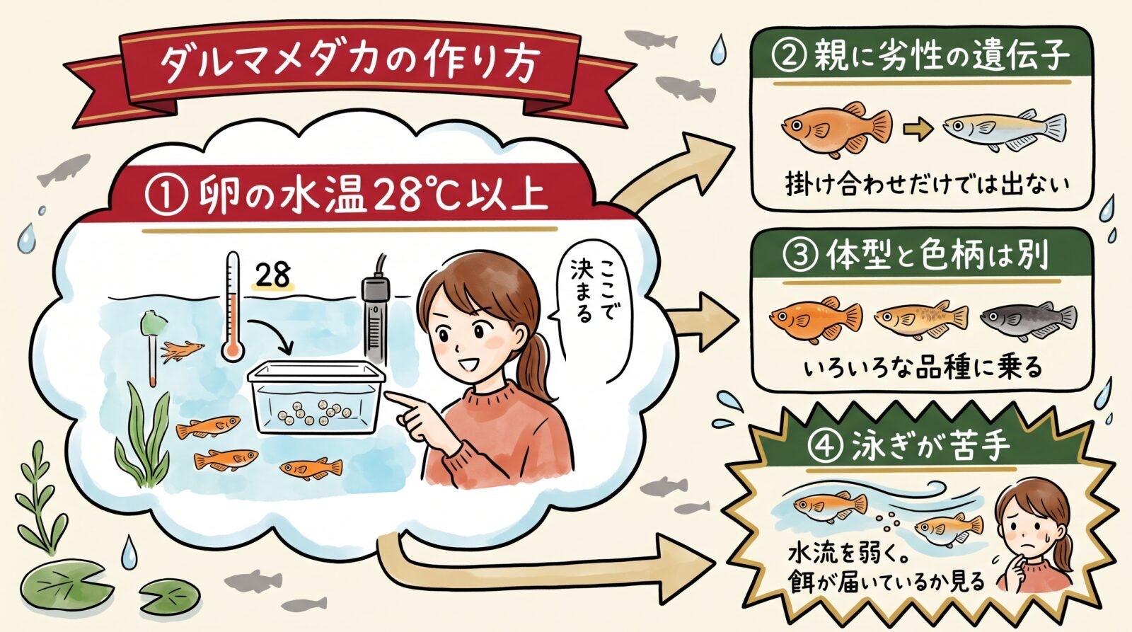 ダルマメダカの作り方のグラレコ。決めるのは卵の水温28℃以上。親に劣性の遺伝子が要り掛け合わせだけでは出ない。体型と色柄は別でいろいろな品種に乗る。泳ぎが苦手なので水流を弱く餌が届いているか見る