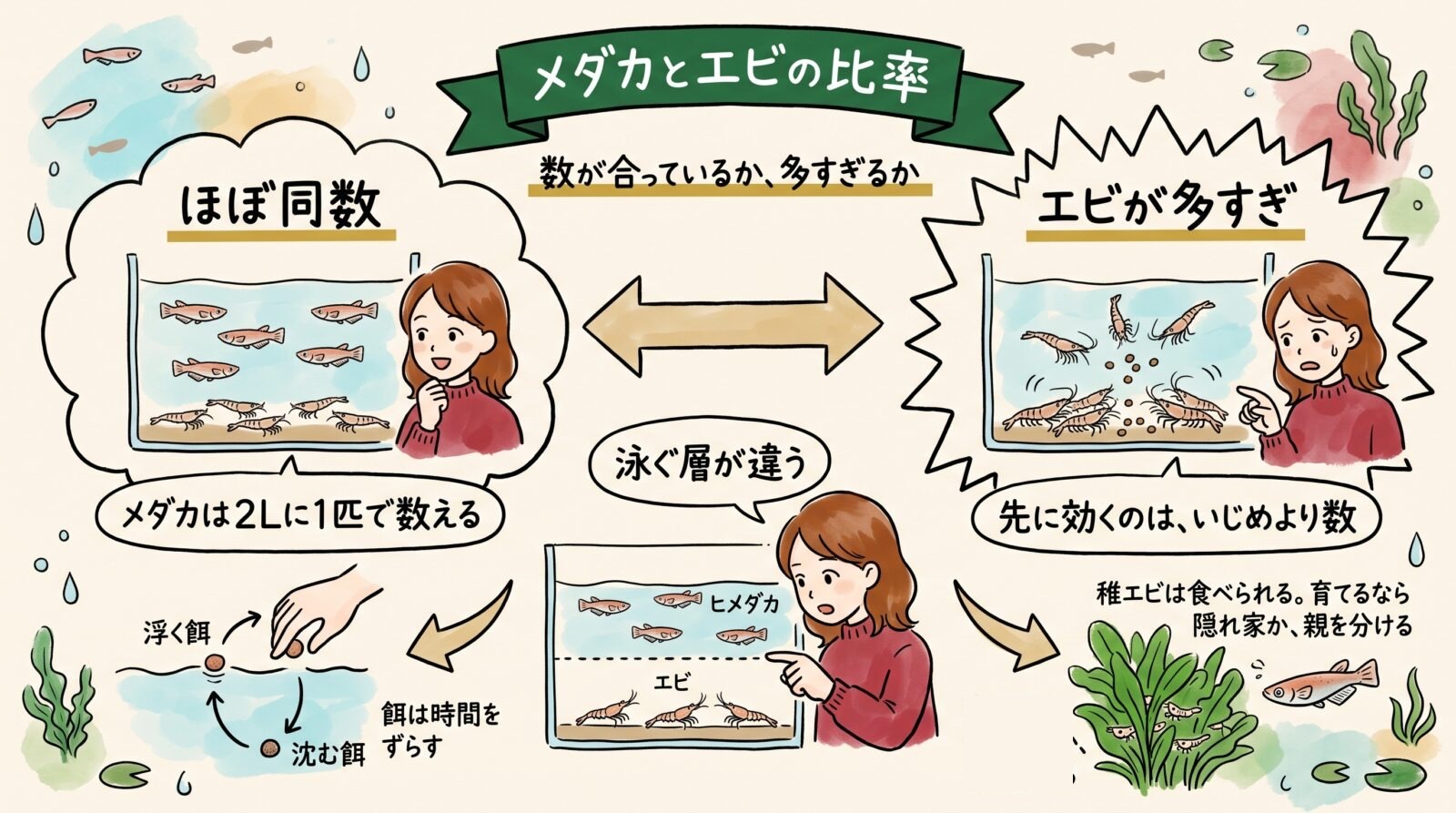 メダカとエビの比率のグラレコ。泳ぐ層が違い、メダカは水面近くでエビは底。ほぼ同数が目安でメダカは2Lに1匹で数える。エビが多すぎると餌の奪い合いになり、先に効くのはいじめより数。餌は浮くものと沈むものを時間をずらす。稚エビは食べられるので育てるなら隠れ家か親を分ける