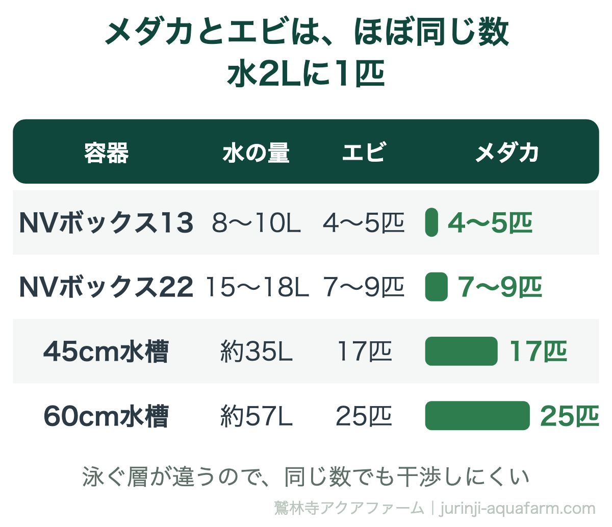 メダカとミナミヌマエビの数の目安の表。メダカは水2リットルに1匹で、エビもほぼ同数。NVボックス13は実用水量8〜10リットルでメダカ4〜5匹・エビ4〜5匹、NVボックス22は15〜18リットルで7〜9匹ずつ、45cm水槽は約35リットルで17匹前後ずつ、60cm水槽は約57リットルで25匹前後ずつ