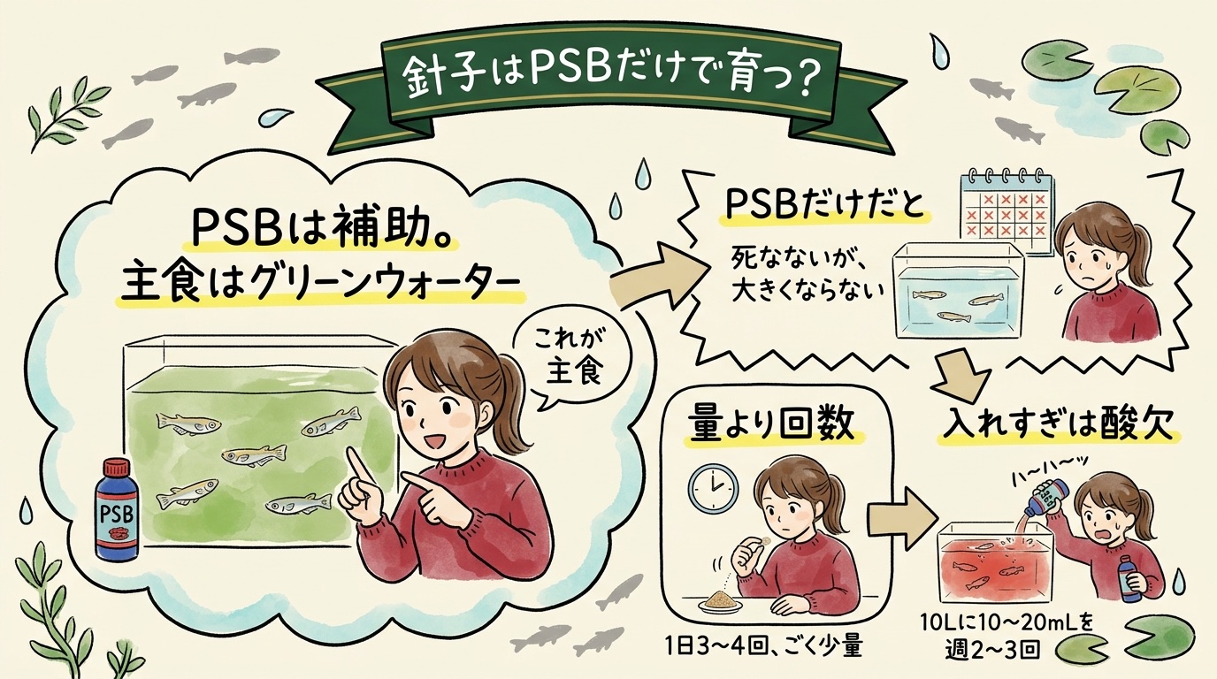 針子はPSBだけで育つかのグラレコ。PSBは補助で主食はグリーンウォーター。PSBだけだと死なないが大きくならない。量より回数で1日3〜4回ごく少量。入れすぎは酸欠で10Lに10〜20mLを週2〜3回