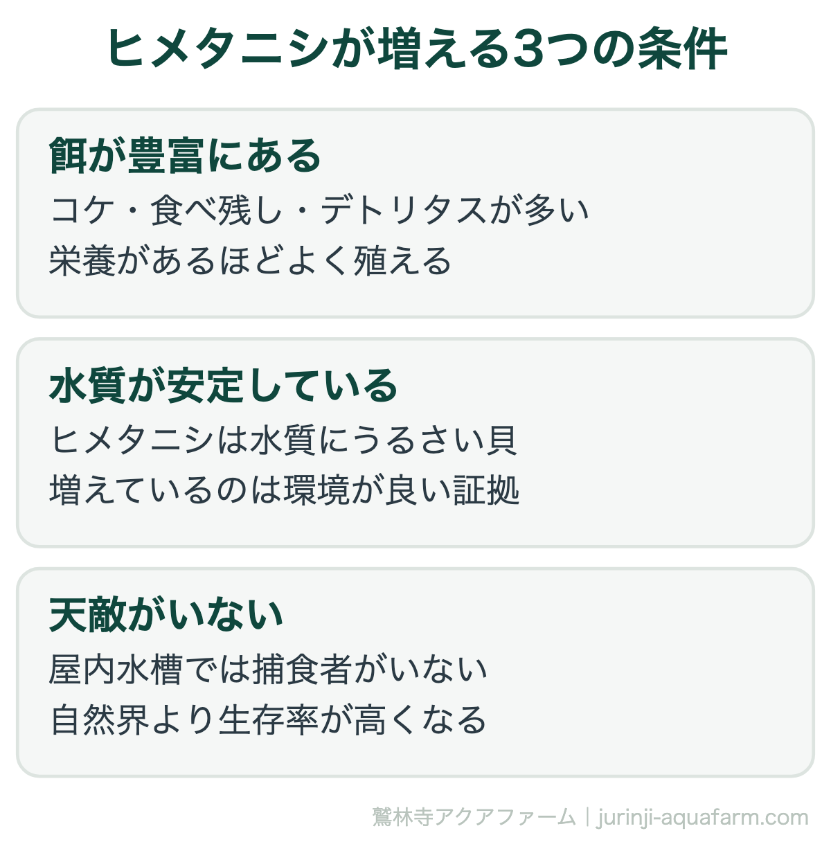 ヒメタニシが増える3つの条件。ヒメタニシが増えるのは、水槽の環境が良好で餌が余っているサイン。裏を返せば「餌のやりすぎ」の指標にもなります