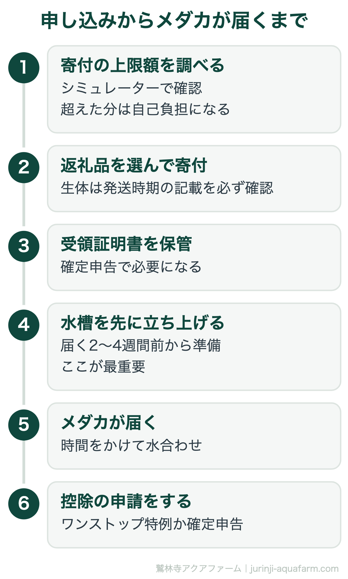 申し込みからメダカが届くまで。生体の返礼品でいちばん多い失敗は「届いてから慌てて容器を用意する」こと。水槽の準備は寄付した直後に始めます
