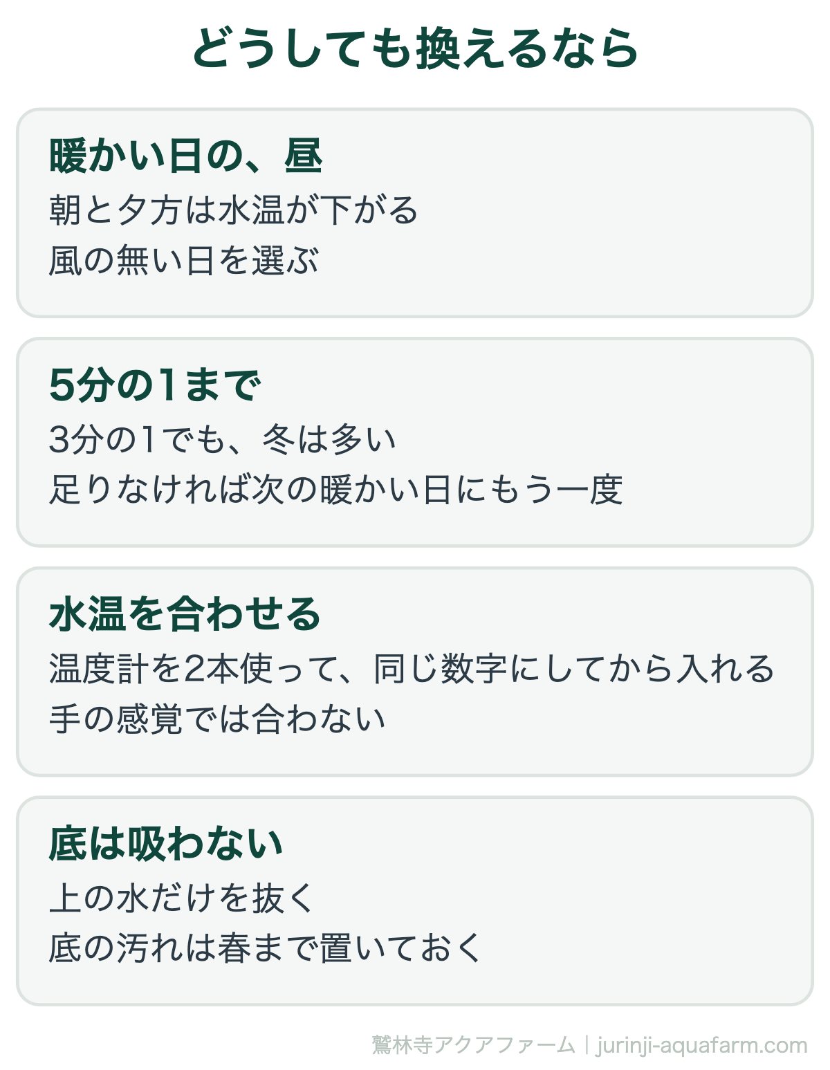 メダカの冬の水換えのやり方。暖かい日の昼に5分の1まで、水温を合わせて底は吸わない