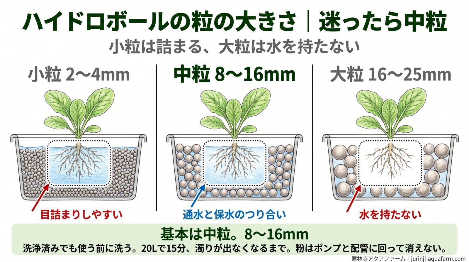 ハイドロボールの粒の大きさの比較図。小粒2〜4mmは目詰まりしやすい。中粒8〜16mmは通水と保水のつり合いがよい。大粒16〜25mmは水を持たない。基本は中粒