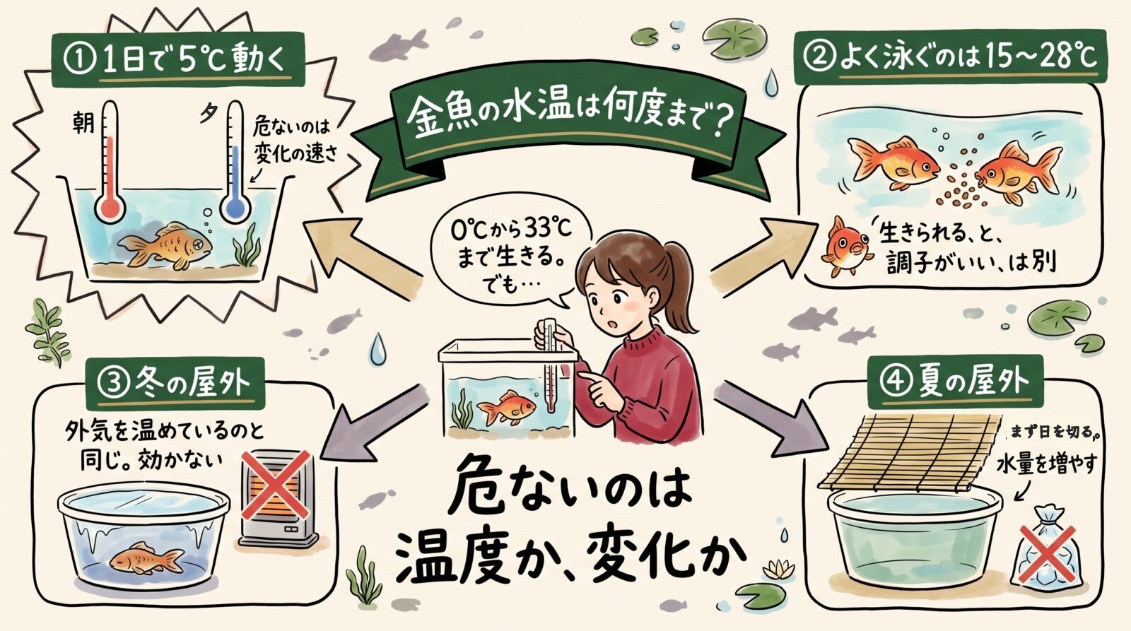 金魚の水温は何度までかのグラレコ。0℃から33℃まで生きるが、危ないのは1日で5℃動く変化の速さ。よく泳ぐのは15〜28℃。冬の屋外にヒーターは効かない。夏の屋外はまず日を切って水量を増やし、氷は使わない