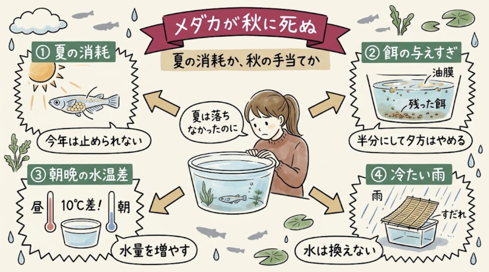 メダカが秋に死ぬ原因4つのグラレコ。夏の消耗(今年は止められない)、餌の与えすぎ(半分にして夕方はやめる)、朝晩の水温差(水量を増やす)、冷たい雨(水は換えない)