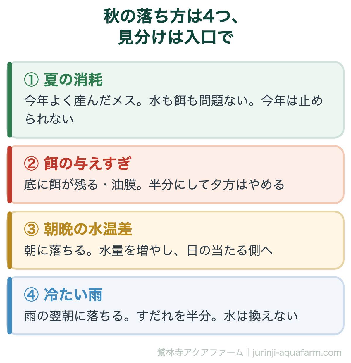メダカが秋に死ぬ原因4つの見分けの図。夏の消耗は今年よく産んだメスが落ち今年は止められない。餌の与えすぎは底に餌が残り油膜が出る。朝晩の水温差は朝に落ちる。冷たい雨は雨の翌朝に落ちる