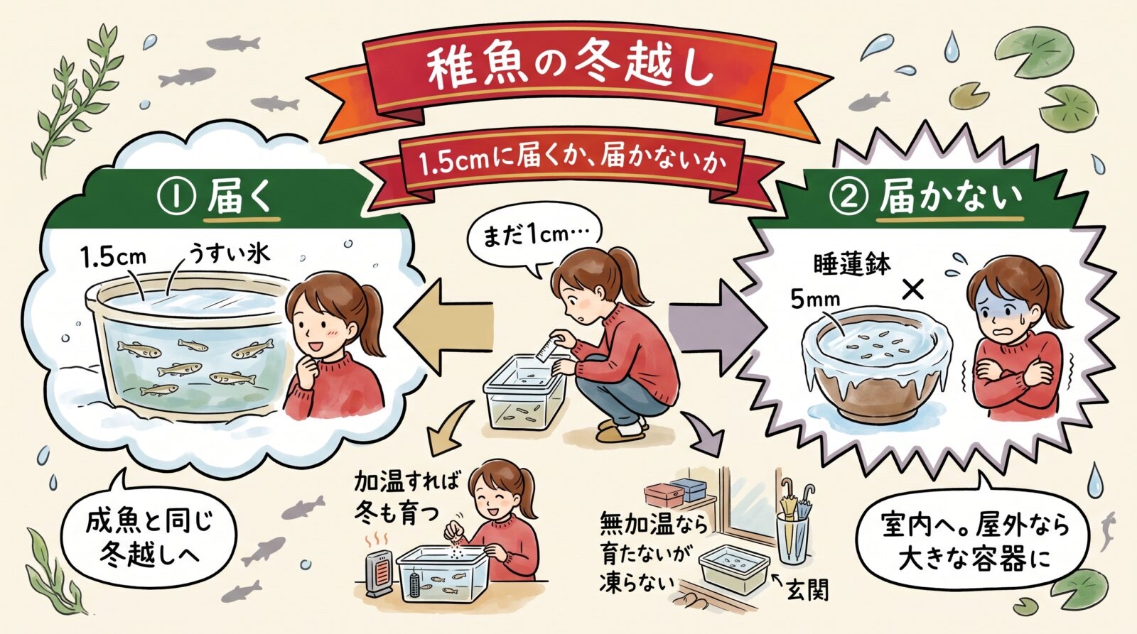 メダカの稚魚の冬越しのグラレコ。1.5cmに届くか届かないかで分かれる。届けば成魚と同じ冬越し、届かなければ室内へ、屋外なら大きな容器に。加温すれば冬も育ち、無加温なら育たないが凍らない