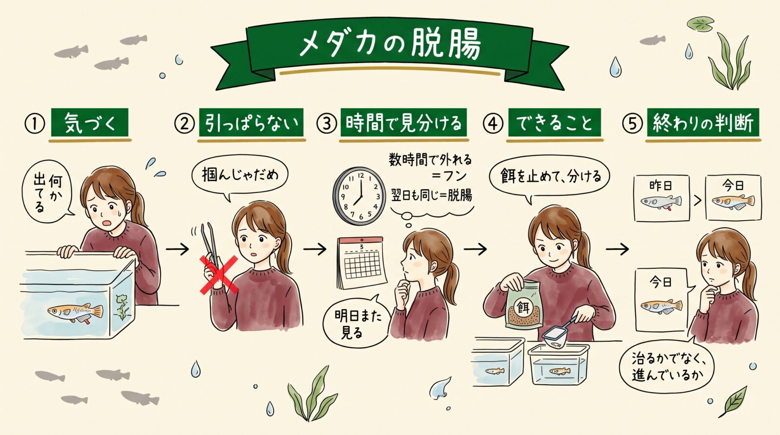 メダカの脱腸の見分け方をまとめた図。気づく、引っぱらない、時間で見分ける、できること、終わりの判断の5つ