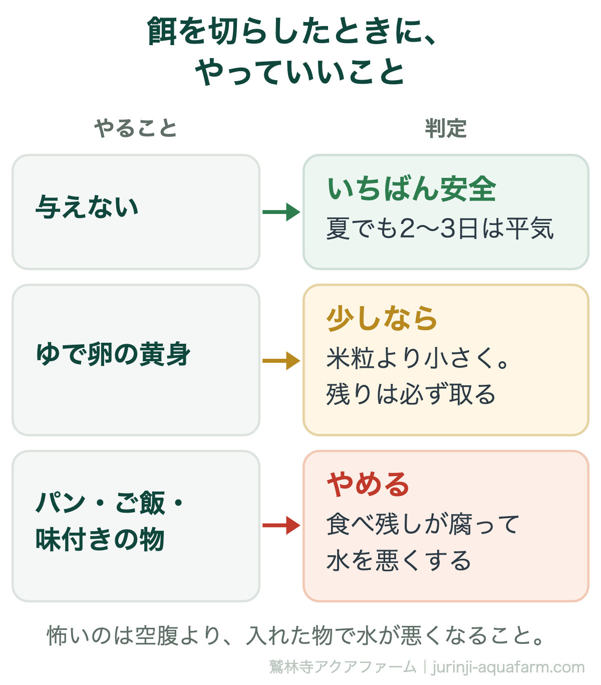 メダカの餌を切らしたときにやっていいことの図。与えないのがいちばん安全で夏でも2〜3日は平気。ゆで卵の黄身は米粒より小さく少しなら可で残りは必ず取る。パン・ご飯・味付きの物は食べ残しが腐って水を悪くするのでやめる