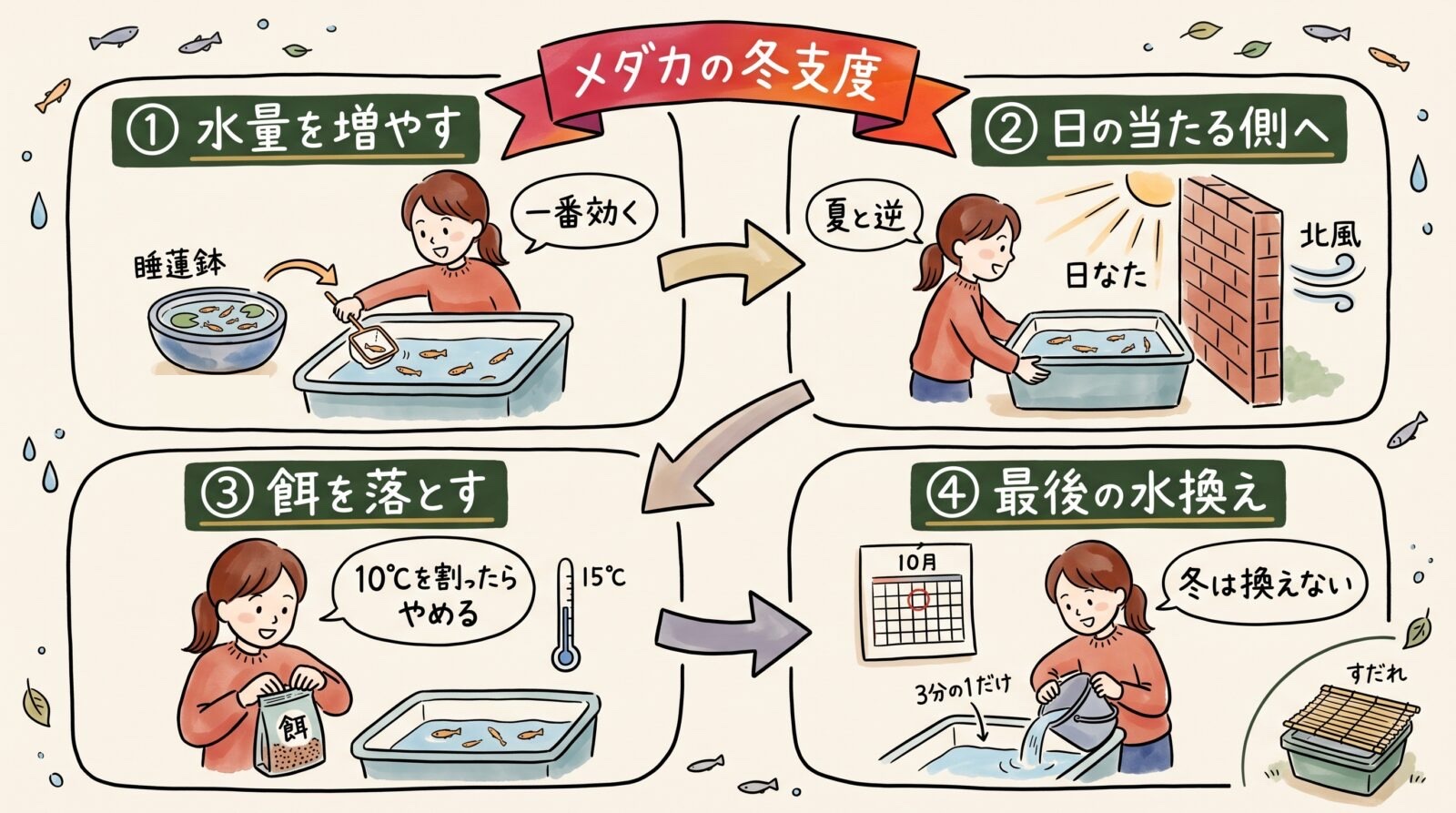 メダカの冬支度のグラレコ。水量を増やす（一番効く）、日の当たる側へ（夏と逆）、餌を落とす（10℃を割ったらやめる）、10月末に最後の水換え（冬は換えない）。すだれは半分