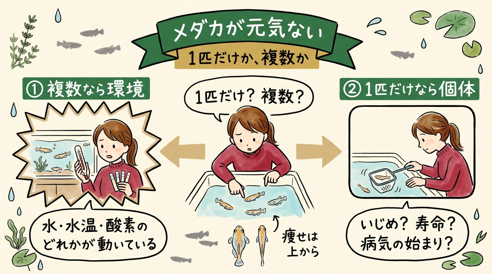 メダカが元気ないときの見分けをまとめた図。1匹だけか複数かで分かれ、複数なら環境、1匹だけなら個体。痩せは上から見る