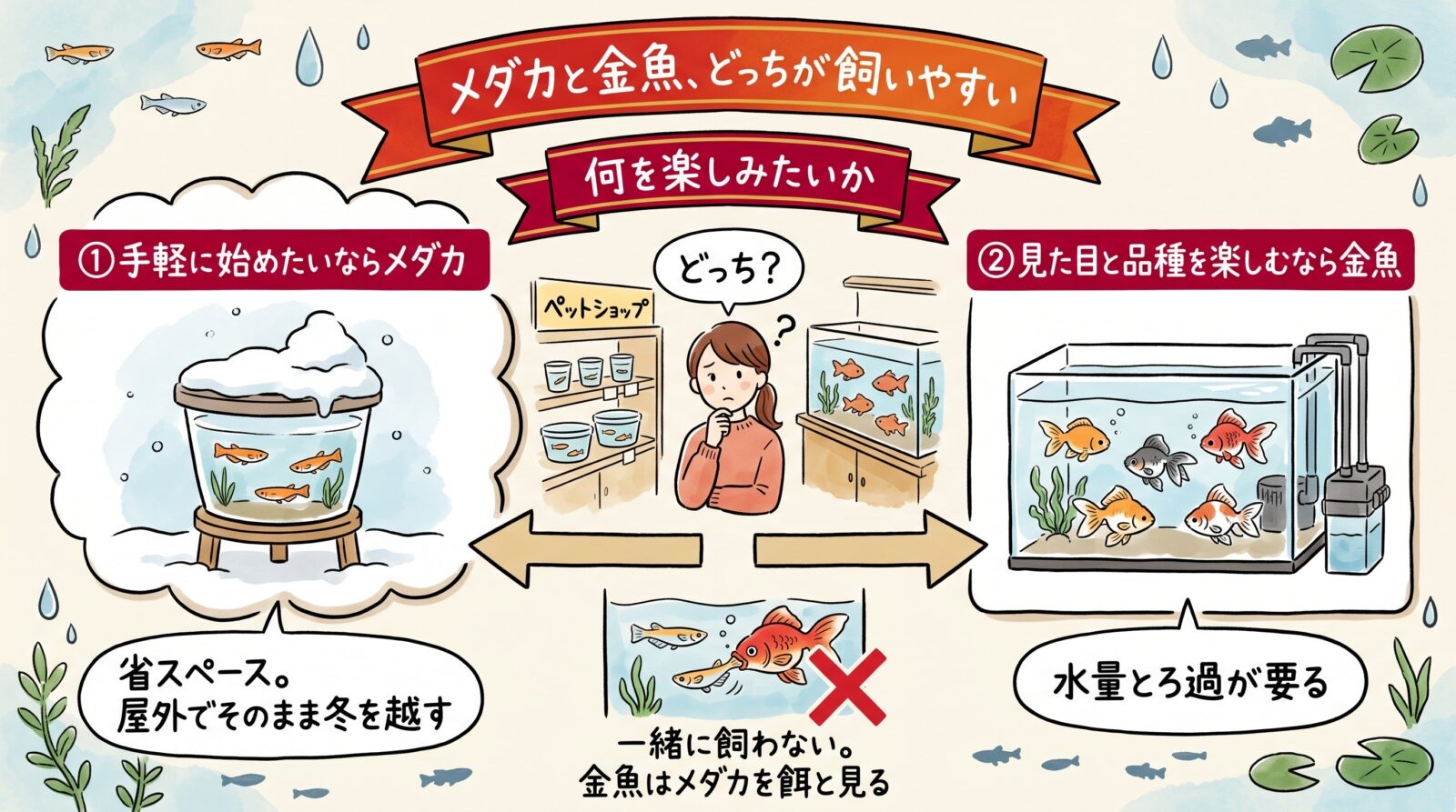 メダカと金魚どっちが飼いやすいかのグラレコ。手軽に始めたいならメダカで省スペース、屋外でそのまま冬を越す。見た目と品種を楽しむなら金魚で水量とろ過が要る。一緒に飼わない。金魚はメダカを餌と見る