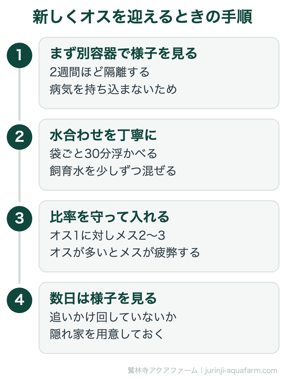 メダカにオスを追加するときの注意。病気の持ち込みが最も多い失敗なので2週間ほど別容器で様子を見てから合流させる。水合わせは袋ごと30分浮かべて水温を合わせ、飼育水を少しずつ足す