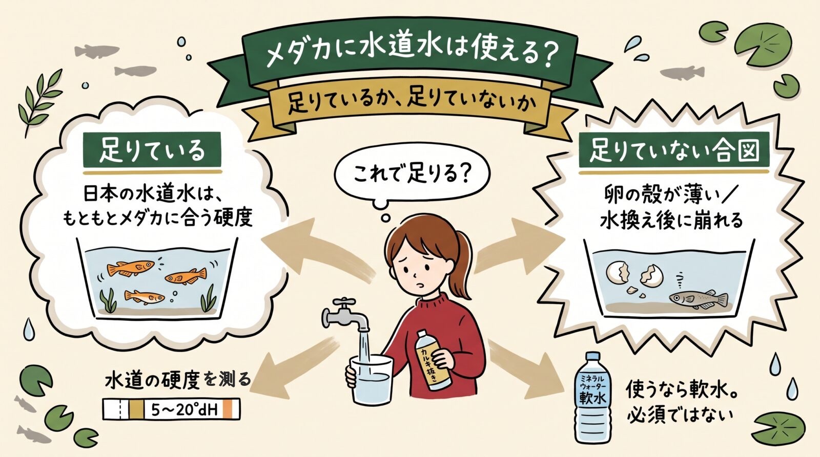 メダカに水道水は使えるかのグラレコ。足りているか足りていないかで分け、日本の水道水はもともとメダカに合う硬度。足りていない合図は卵の殻が薄い・水換え後に崩れる。硬度は試験紙で5〜20°dH、使うなら軟水で必須ではない