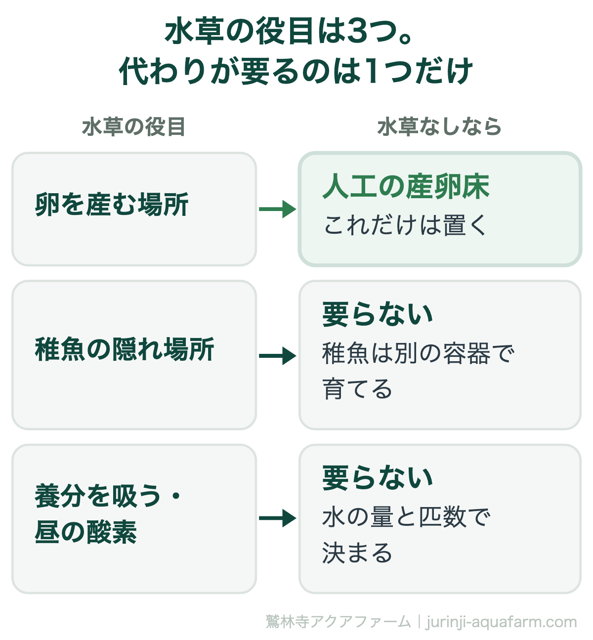 メダカの水草の役目3つと、水草なしのときの代わりの対応図。卵を産む場所には人工の産卵床を置く。稚魚の隠れ場所は稚魚を別の容器で育てれば要らない。養分を吸う・昼の酸素は水の量と匹数で決まるので要らない。代わりが要るのは産卵床だけ