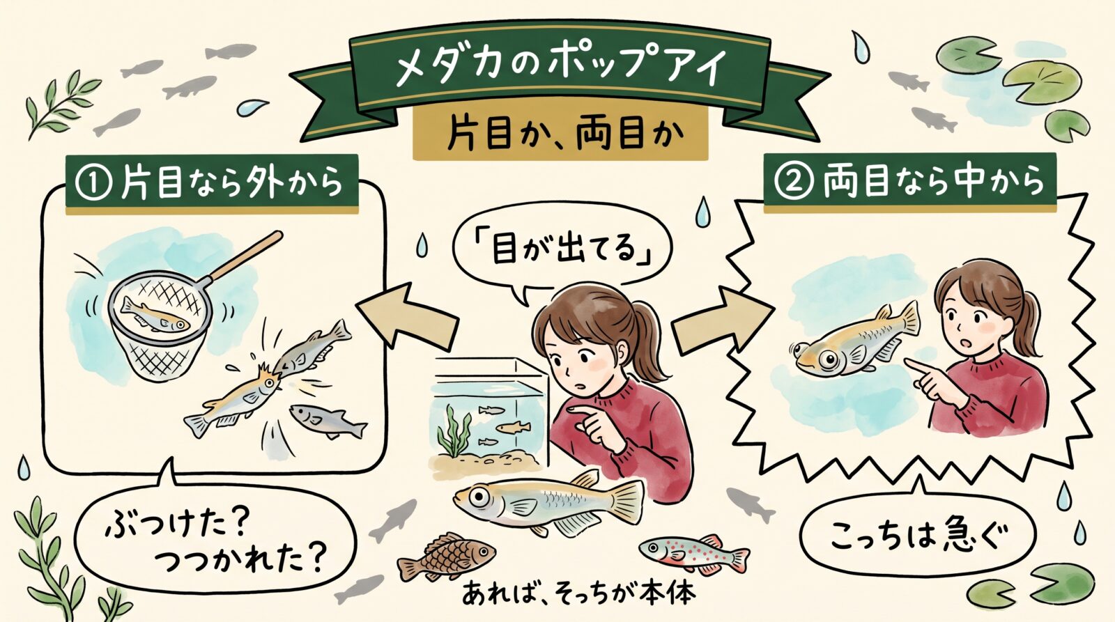 メダカのポップアイの見分けをまとめた図。片目か両目かで分かれ、片目なら外から、両目なら中から。ほかに鱗の逆立ちや赤い斑点があれば、そちらが本体