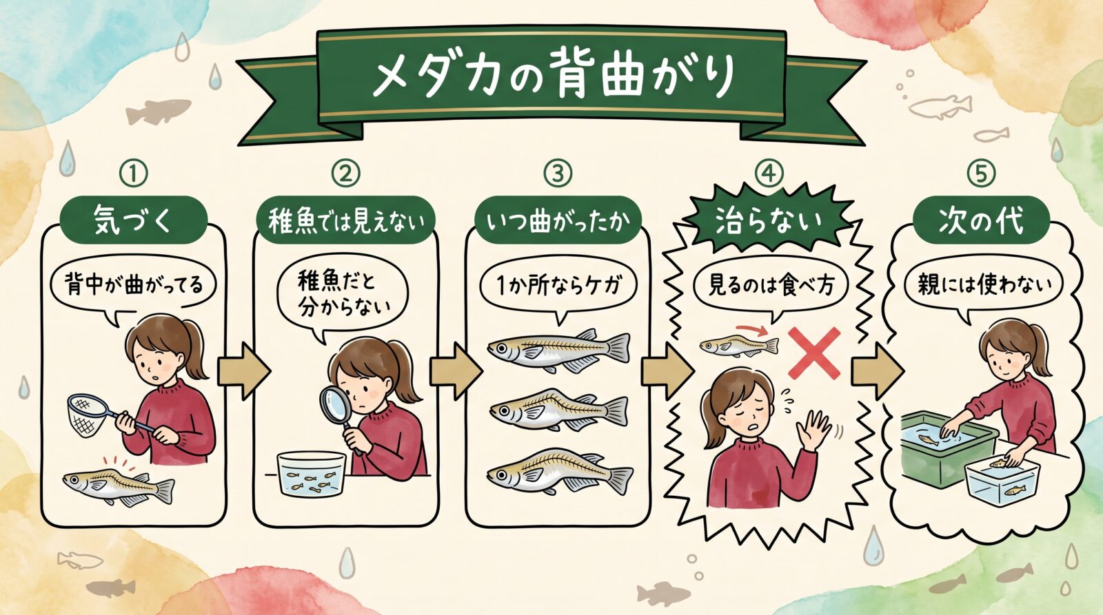 メダカの背曲がりをまとめた図。気づく、稚魚では見えない、いつ曲がったか、治らない、次の代の5つ
