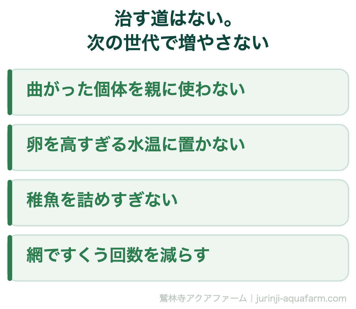 背曲がりを次の世代で増やさないための4つ。曲がった個体を親に使わない、卵を高すぎる水温に置かない（背骨の作られ方が水温で動くため）、稚魚を詰めすぎない、網ですくう回数を減らす