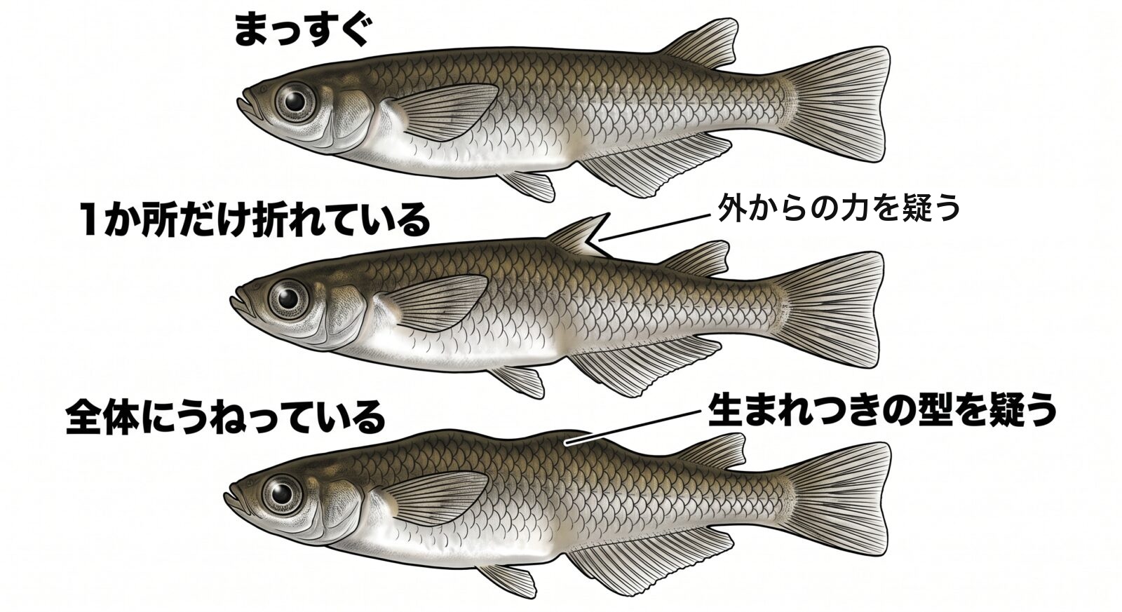 メダカを横から見た背中の線の比較3つ。上はまっすぐ、真ん中は1か所だけ折れている、下は全体にうねっている
