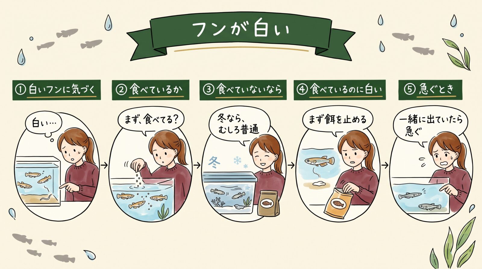 メダカのフンが白いときの見方をまとめた図。白いフンに気づく、食べているか、食べていないなら、食べているのに白い、急ぐときの5つ