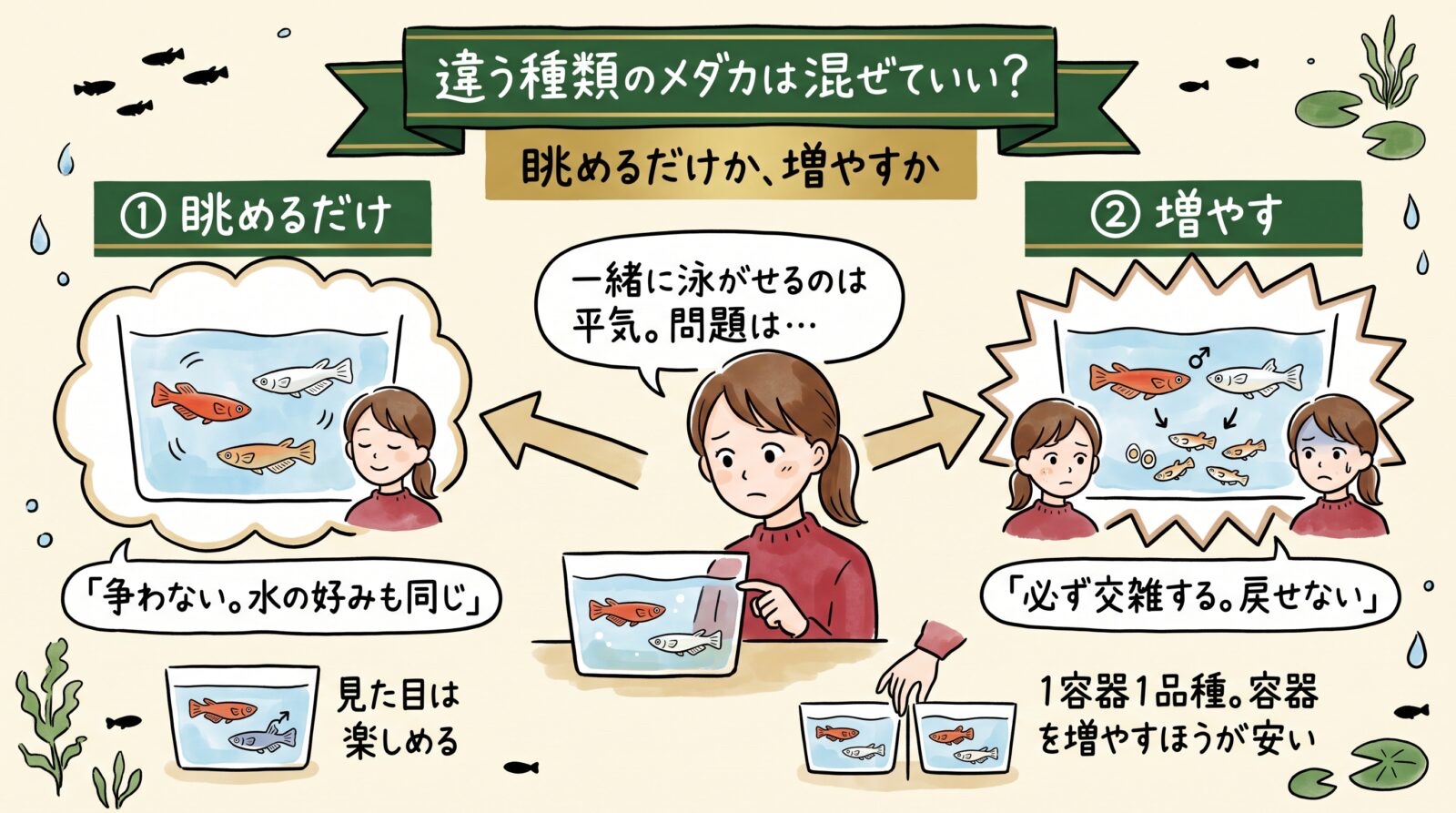 違う種類のメダカを混ぜていいかのグラレコ。眺めるだけなら争わず水の好みも同じ。増やすなら必ず交雑して戻せない。オスだけなら見た目は楽しめる。1容器1品種で容器を増やすほうが安い