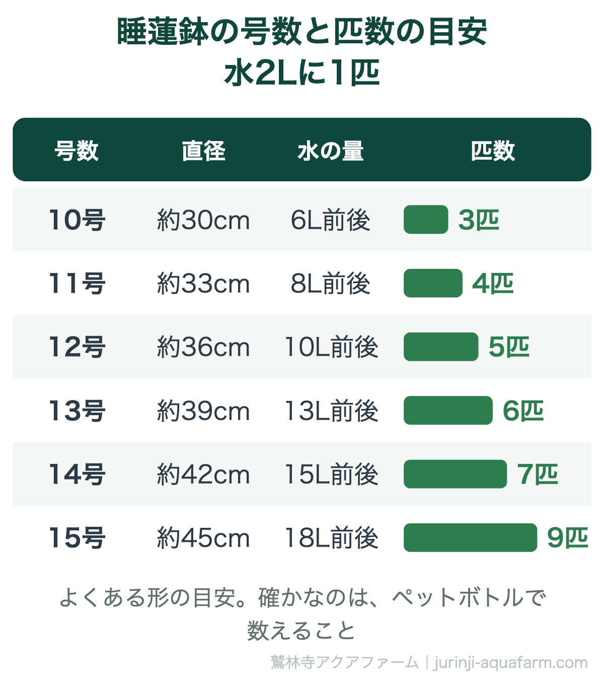 睡蓮鉢の号数と匹数の目安の表。水2リットルに1匹で、10号は直径約30cmで水6リットル前後3匹、11号は約33cmで8リットル前後4匹、12号は約36cmで10リットル前後5匹、13号は約39cmで13リットル前後6匹、14号は約42cmで15リットル前後7匹、15号は約45cmで18リットル前後9匹