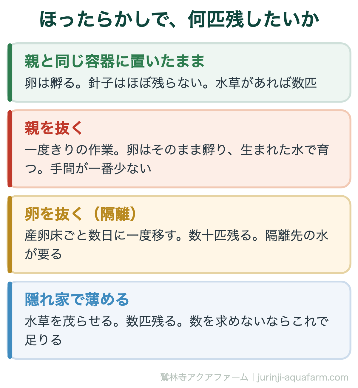 メダカの卵をほったらかしにしたときの結果と残す方法の図。親と同じ容器に置いたままなら卵は孵るが針子はほぼ残らない。親を抜けば一度きりの作業で卵はそのまま孵り手間が一番少ない。卵を抜く隔離なら数十匹残るが隔離先の水が要る。隠れ家で薄めるなら数匹残る