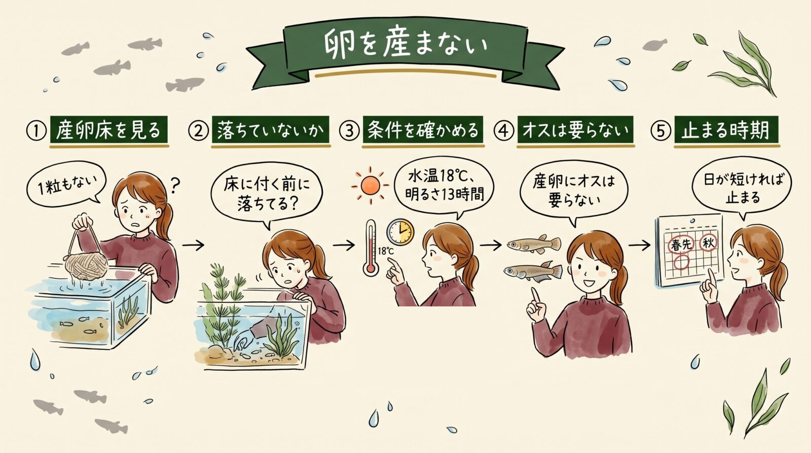 メダカが卵を産まないときの見方をまとめた図。産卵床を見る、落ちていないか、条件を確かめる、オスは要らない、止まる時期の5つ