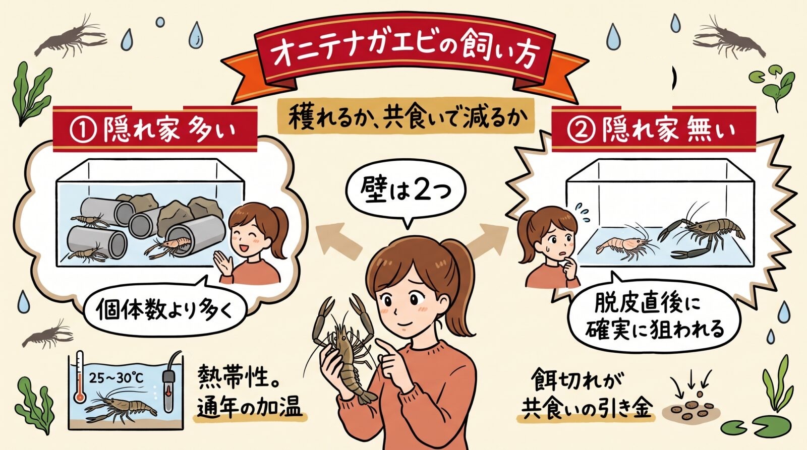 オニテナガエビの飼い方のグラレコ。隠れ家が個体数より多ければ脱皮直後も物陰に逃げられる。隠れ家が無いと脱皮直後に確実に狙われる。熱帯性で通年の加温。餌切れが共食いの引き金
