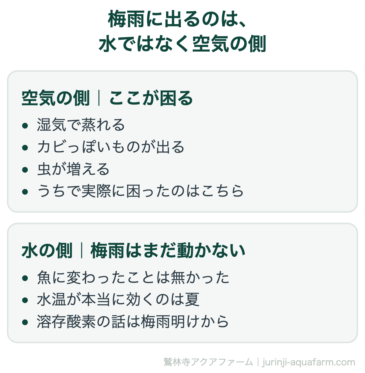アクアポニックスの梅雨。困るのは蒸れとカビと虫で、魚は変わらない