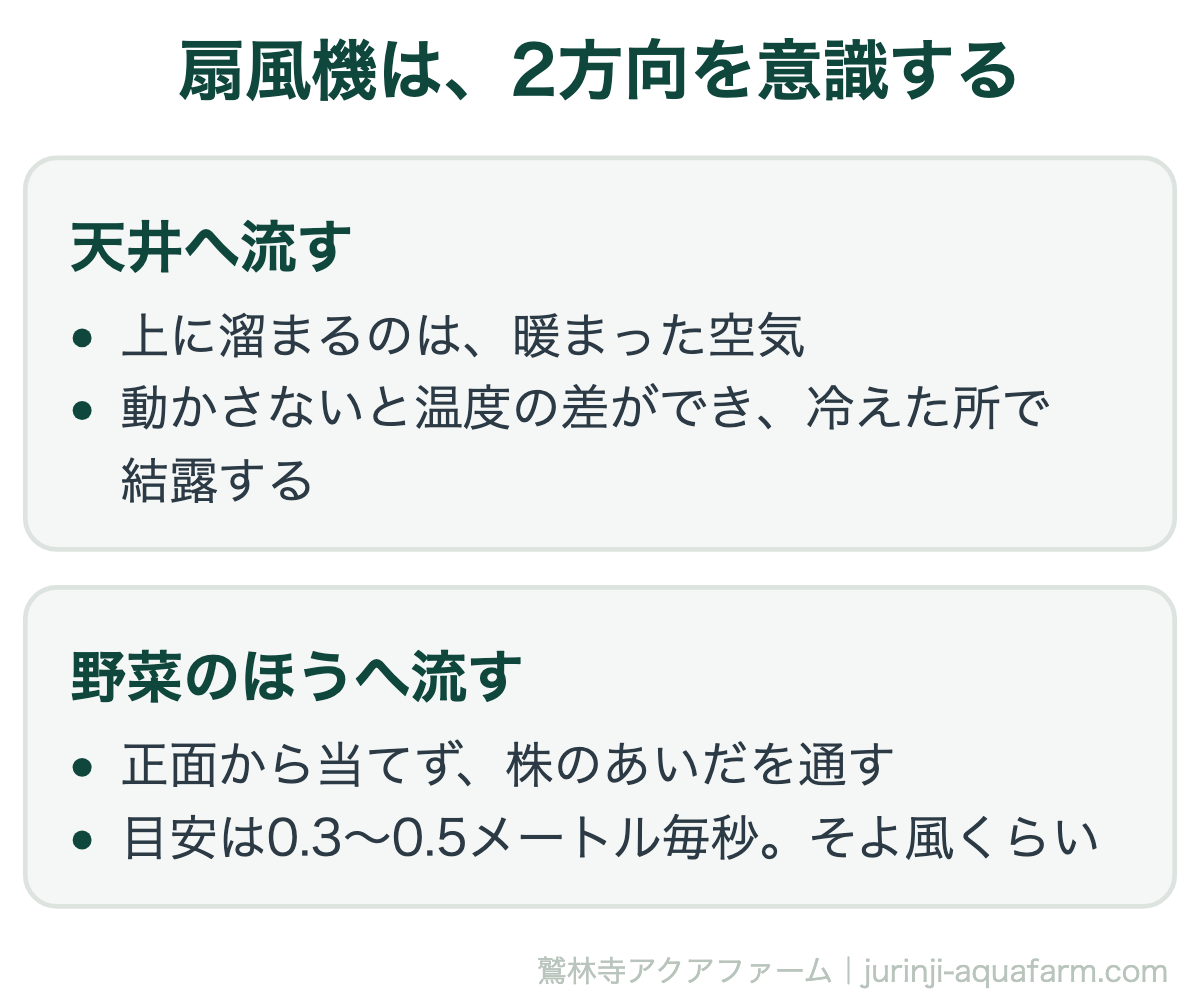 アクアポニックスの梅雨の扇風機。天井へ向けるのと、野菜のほうへ流れが行くようにするのと2方向